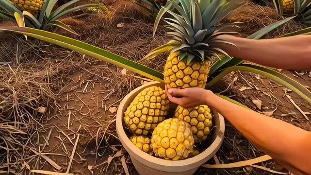 Sunset over a vast pineapple farm plantation harvesting ripe fruit
