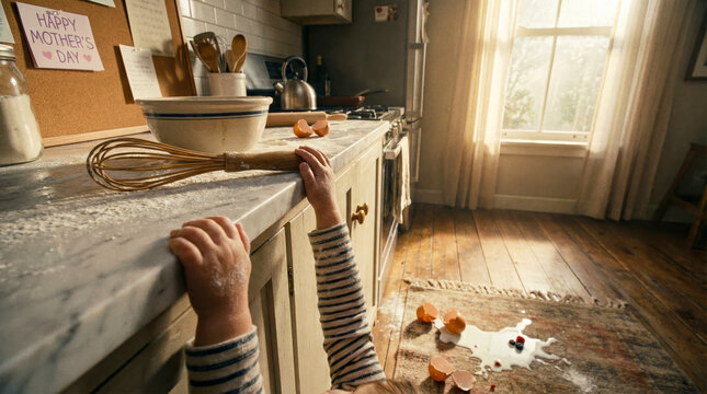 Child's hands reaching up to a flour-dusted kitchen counter. Baking mess with spilled milk, berries, and broken eggshells on the floor. Domestic Mother's Day surprise