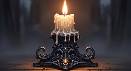A candle burns brightly on an ornate black holder illustration