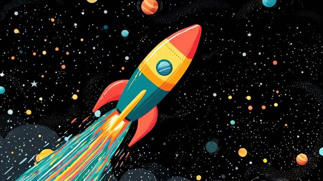 Colorful Rocket Flying Through Outer Space Science Illustration