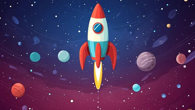 Cartoon rocket launching in colorful space with planets and stars