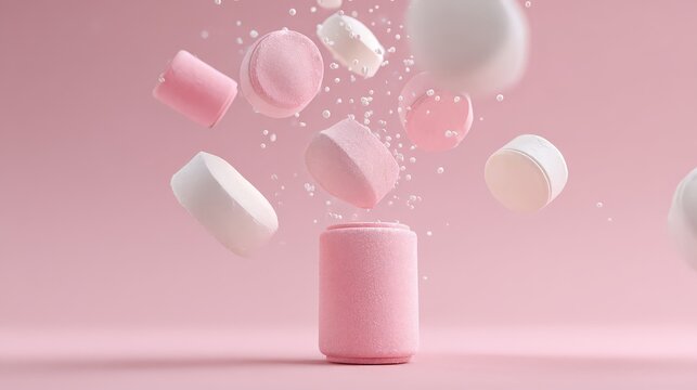 A cylindrical pink container with explosive freshness and tactile softness, featuring a beautiful candy-pink palette.