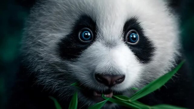 Adorable Panda Cub Eating Bamboo Leaves.