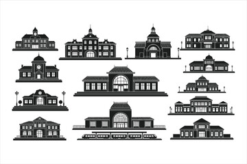 Fototapeta premium Black and White Transportation Buildings Icon Set