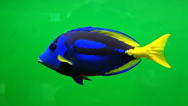 A vibrant blue tang fish with black markings and a bright yellow tail fin swimming in an aquarium with a green background.