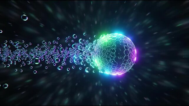 Vibrant digital sphere emitting colorful bubbles in motion