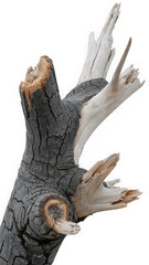 Fototapeta premium Twisted burnt tree fragment with dark charred bark and exposed light-colored wood, isolated on white