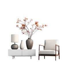 A stylish chair and sideboard with decorative vase and lamp on a black background