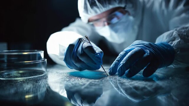 Scientist working in laboratory focusing on fingerprint analysis and criminal investigation in a late-night setting