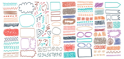 Collection of colorful hand-drawn doodle elements including arrows, speech bubbles, scribbles, numbers, lines, checkboxes, and sketchy shapes.