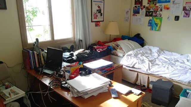 A cluttered room with a desk, bed, and window, showcasing a messy living space.