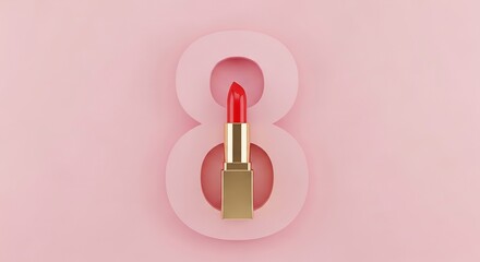Red lipstick in gold tube centered within pink 3D number 8, soft pastel background, women's day concept.