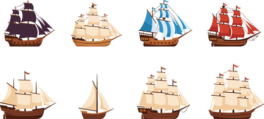 Sailing Ship Vector Illustration Set with Vintage Wooden Sailboats and Tall Ships in Different Styles for Maritime History Designs Posters and Educational Graphics © Minara