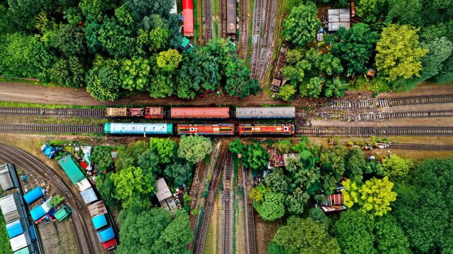 Aerial view of a train traveling through lush green trees and many railway tracks