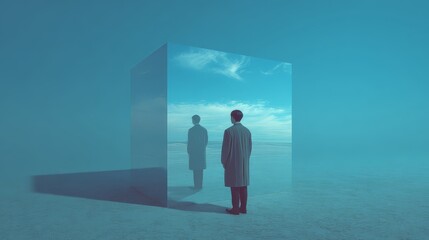 Obraz premium A lone man in a trench coat stands with his back to the viewer, facing a large, monolithic mirror-like cube that explores themes of reflection, alternate reality, and introspection.