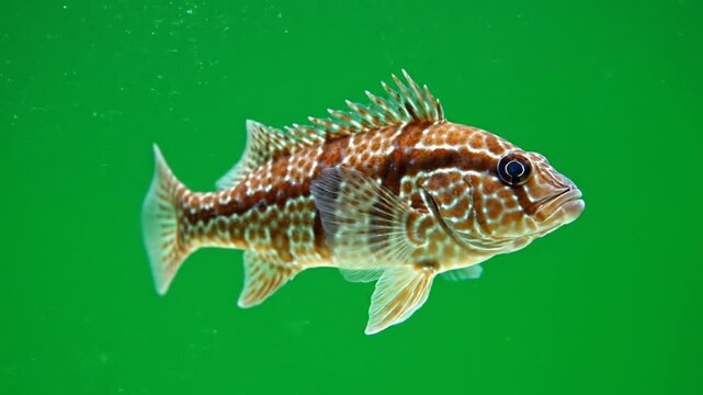 A close-up shot of a brown and white patterned fish with spiky fins swimming in green water, showcasing its intricate markings.