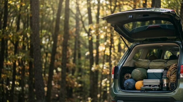 A car trunk is open to reveal various camping gear and supplies. The setting features a forest with sunlight filtering through trees