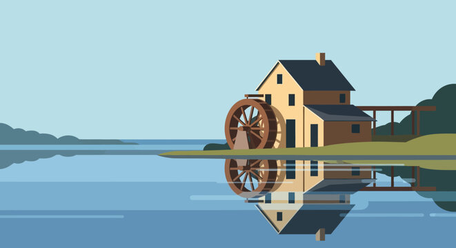 A traditional watermill building with a large wooden wheel stands peacefully by a calm lake, perfectly reflected in the still water.