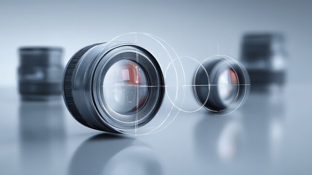 A detailed camera lens is shown in the foreground with a polished, metallic finish.