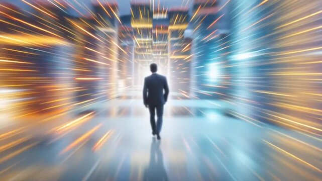 Businessman walking through light tunnel fast.