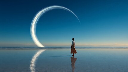 A woman stands alone on a vast, perfectly reflective beach or salt flat. She is viewed from behind, wearing a long, light-colored dress that catches a soft breeze.