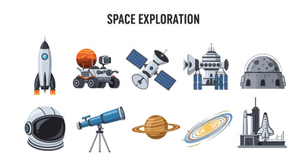 A collection of ten flatstyle illustrations related to space exploration objects and celestial bodies © Kenywanch