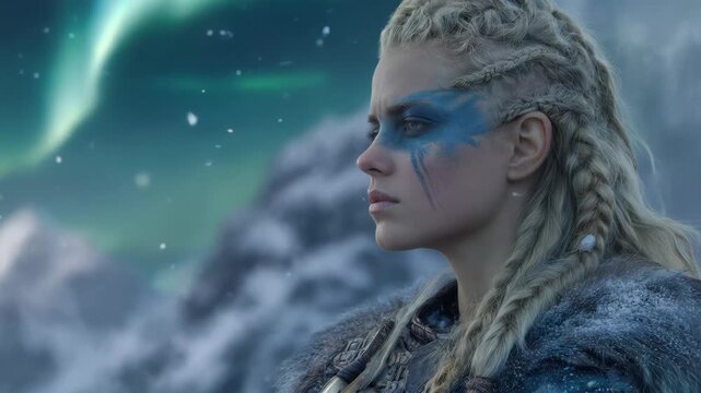 Nordic warrior stands under northern lights in a snowy landscape with a fierce expression and tribal face paint