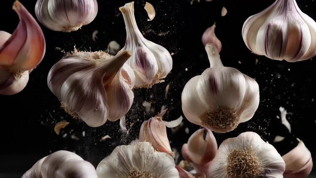 Garlic cloves burst into the air against a dark background in a dramatic display during food preparation time in a kitchen