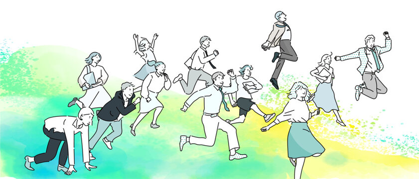 スタートアップのイメージイラストージャンプするビジネスパーソンーチームワークー白バックイラスト素材