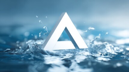 A thick, geometric triangle&mdash;resembling a stylized letter "A"&mdash;is positioned centrally, as if rising out of the ocean.