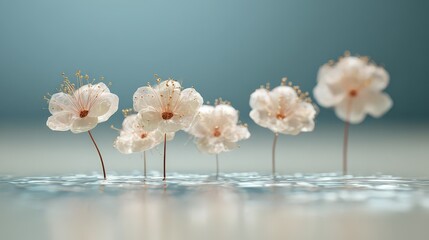 Several white, gossamer-textured flowers with thin, dark stems rise from a reflective, rippling surface.