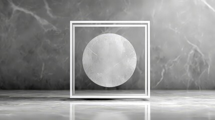 A large, solid white circle with a marbled or stone-like texture is centered within a thin, white square frame.