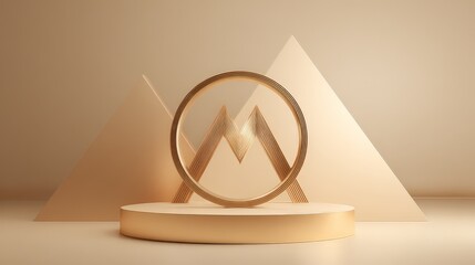 A gold-colored, 3D-rendered emblem of the letter "M" presented in a sophisticated architectural setting.