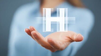 A person's hand is held out palm-up, with a glowing, semi-transparent letter "H" floating just above it.