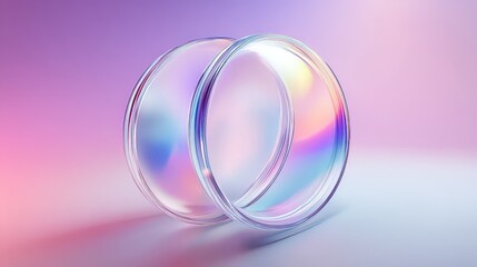 A translucent, iridescent 3D rings resting on a reflective surface against a soft gradient background.