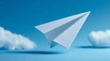 A white paper airplane "flying" through a stylized sky. It uses a mix of physical and digital aesthetics to create a clean, minimalist scene.