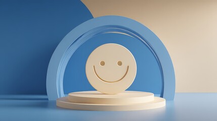 3D-rendered digital illustration featuring a classic smiley face symbol in a modern, architectural setting.