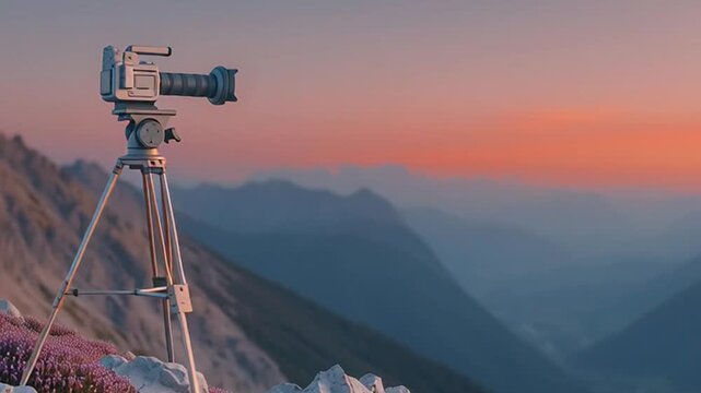 Camera on tripod capturing mountain landscape.