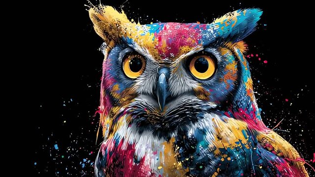Abstract Color Splatter Owl Portrait on Black Background