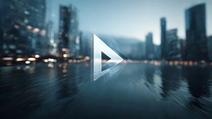 3D digital "play" button icon floating above a dark, reflective surface that appears to be water at night.