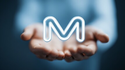 A businessman is holding a glowing, neon-white letter "M" icon that floats just above the palms.
