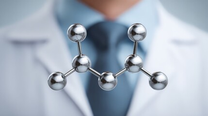 A shiny, metallic molecular model is suspended in the foreground.