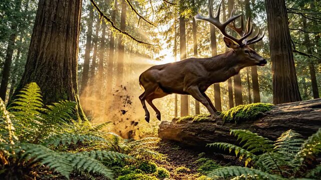Majestic male deer with large antlers leaps over a mossy fallen log in a redwood forest with beautiful sun rays shining through the trees, slow motion.