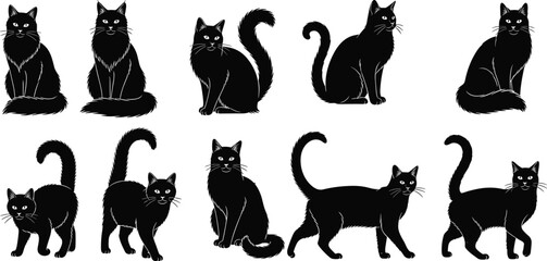 black cat silhouette collection feline animal pet vector illustration minimal design elegant isolated graphic domestic mammal poses © Leza