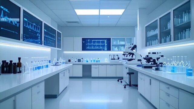 A modern, blue-toned laboratory with equipment, screens, and glassware arranged on white countertops