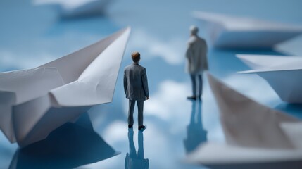 Business figures stand on a blue, reflective surface surrounded by large white paper boats.