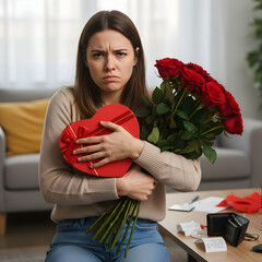 Young caucasian woman holding valentine gift and flowers skeptic