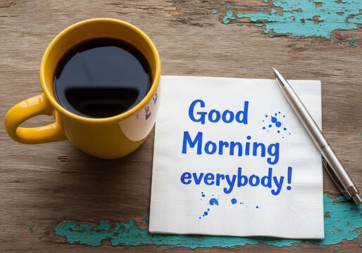 A bright yellow coffee mug sits beside a white napkin with 'Good Morning everybody!' written in blue ink.
