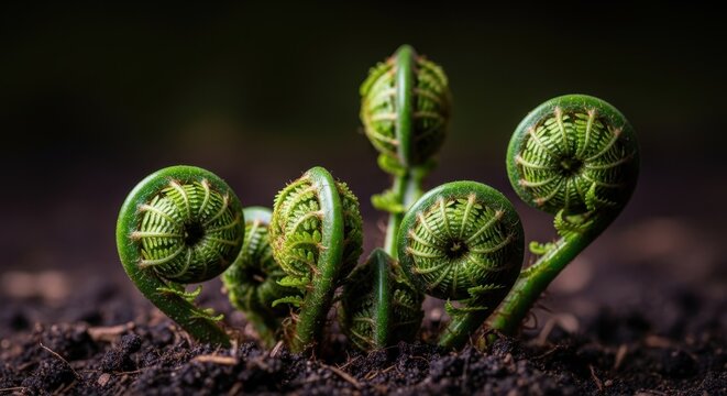 Spring scenes: Vibrant green fern fiddleheads unfurling from dark, fertile soil, symbolizing new life and the awakening of nature.