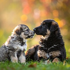 Two fluffy puppies nose to nose in a sun-drenched grassy field